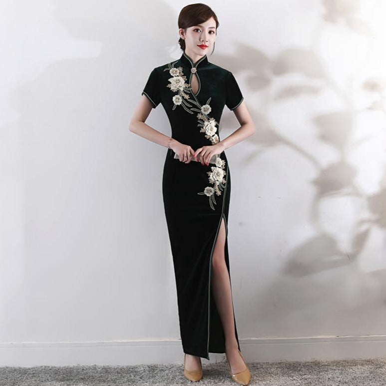 Floral Embroidery Velvet Cheongsam Top Retro Evening Dress