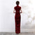 Key Hole Neck Cap Sleeve Velvet Cheongsam Evening Dress