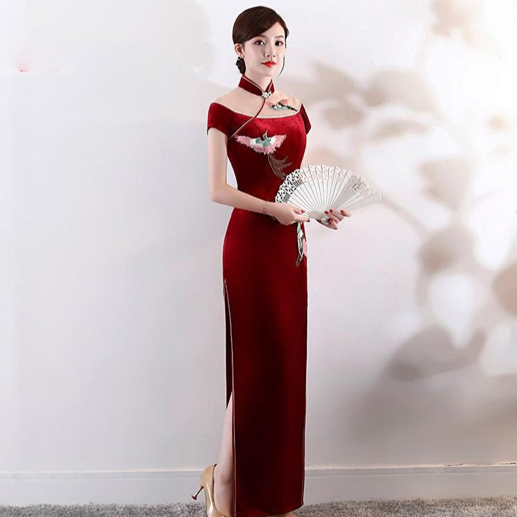Phoenix Embroidery Illusion Neck Velvet Cheongsam Evening Dress Burgundy / 3XL Phoenix Embroidery Illusion Neck Velvet Cheongsam Evening Dress Burgundy / 3XL