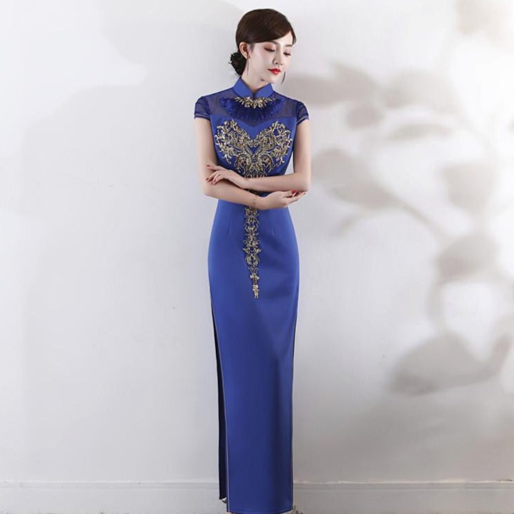satin qipao dress Black Satin Qipao,Elegant Floral Cheongsam,Vintage Chinese Dress,Silk Style Gown,Asian Wedding Outfit,Tea Ceremony Dress,Formal Evening Gown