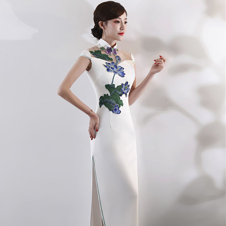 Lotus Embroidery Appliques Illusion Neck Cheongsam Evening Dress