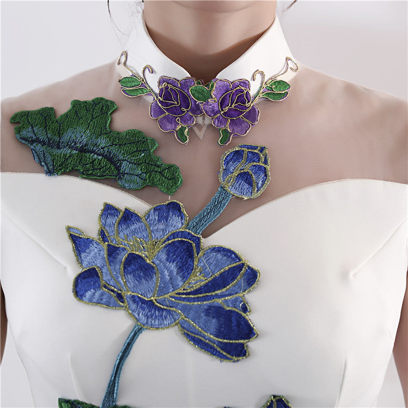 Lotus Embroidery Appliques Illusion Neck Cheongsam Evening Dress
