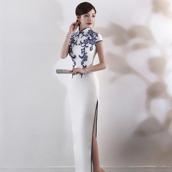 Floral Embroidery Mandarin Collar Full Length Cheongsam Evening Dress White / L Floral Embroidery Mandarin Collar Full Length Cheongsam Evening Dress White / L