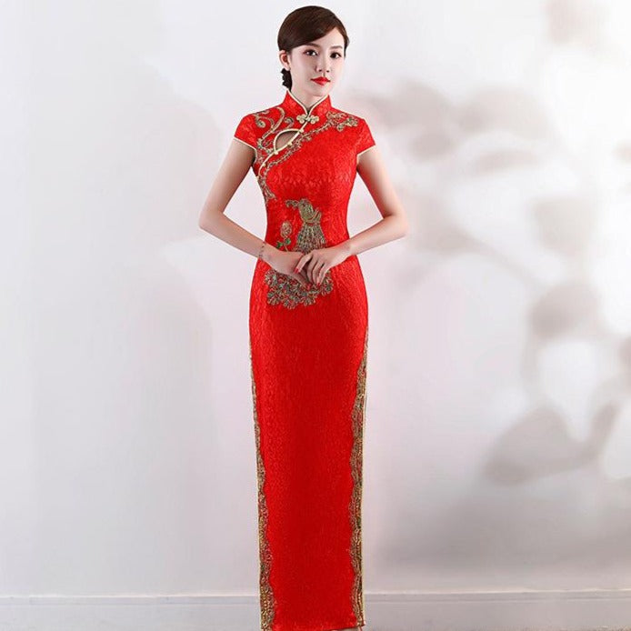 Peacock Sequins & Embroidery Lace Cheongsam Evening Dress IDREAMMART Peacock Sequins & Embroidery Lace Cheongsam Evening Dress IDREAMMART