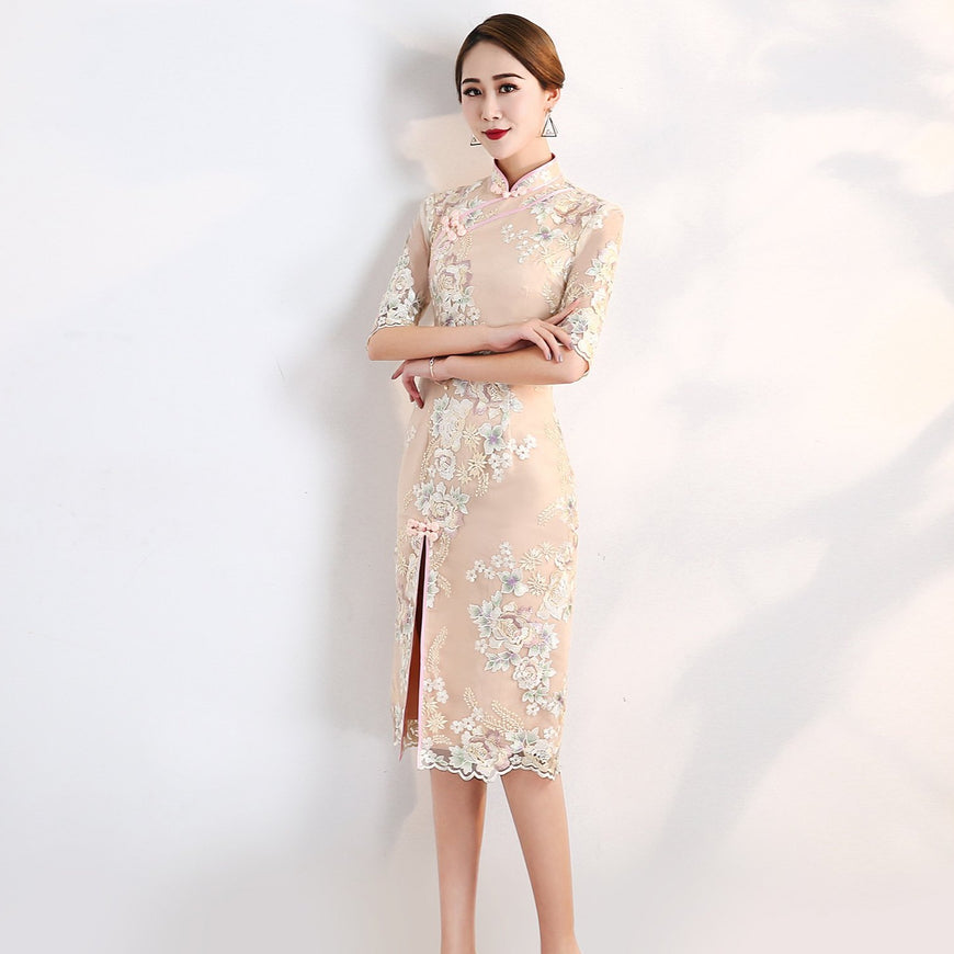 Floral Embroidery Illusion Sleeve Mermaid Cheongsam Evening Dress