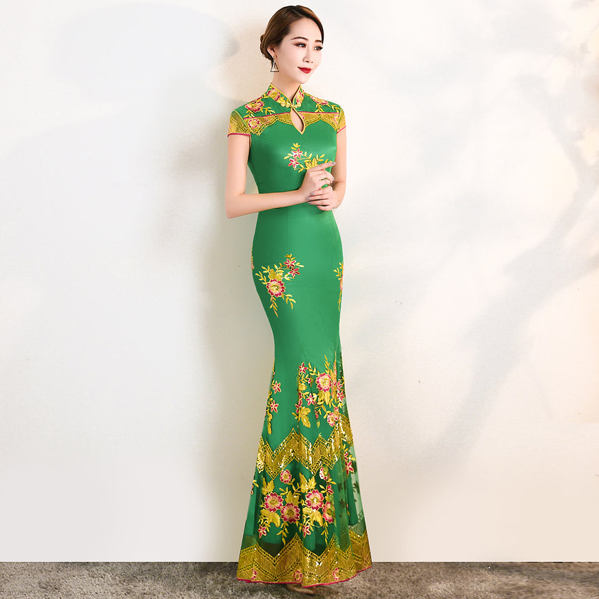 Floral Embroidery Lace Full Length Mermaid Cheongsam Evening Dress