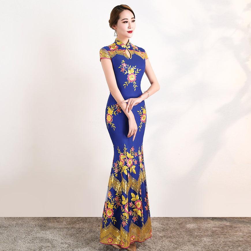 Floral Embroidery Lace Full Length Mermaid Cheongsam Evening Dress