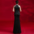 Mandarin Collar Floral Applique Cheongsam Top Spandex Silk Satin Evening Dress