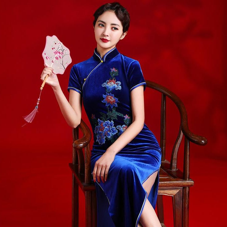 Mandarin Collar Floral Embroidery Velvet Cheongsam A-Line Evening Dress Blue / 6XL Mandarin Collar Floral Embroidery Velvet Cheongsam A-Line Evening Dress Blue / 6XL