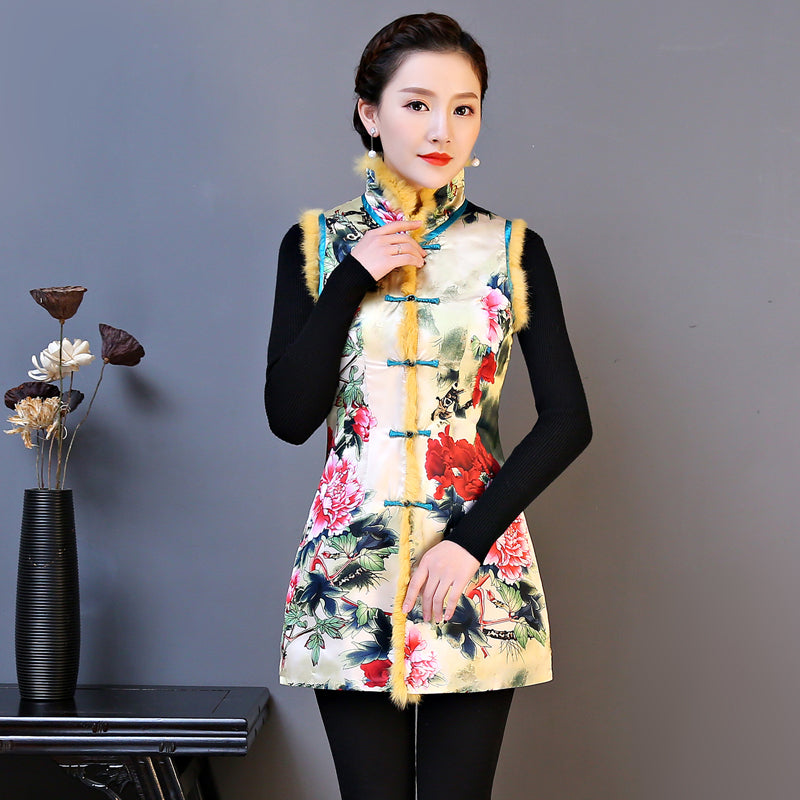 Fur Collar & Edge Floral Chinese Style Wadded Waistcoat Vest