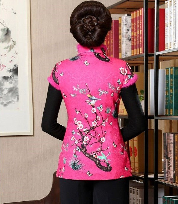 Stand Collar & Fur Edge Floral Chinese Style Wadded Waistcoat Vest