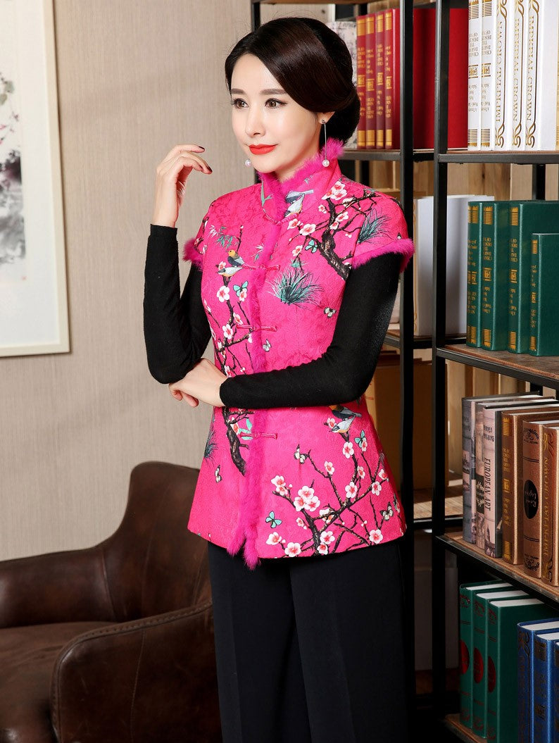 Stand Collar & Fur Edge Floral Chinese Style Wadded Waistcoat Vest
