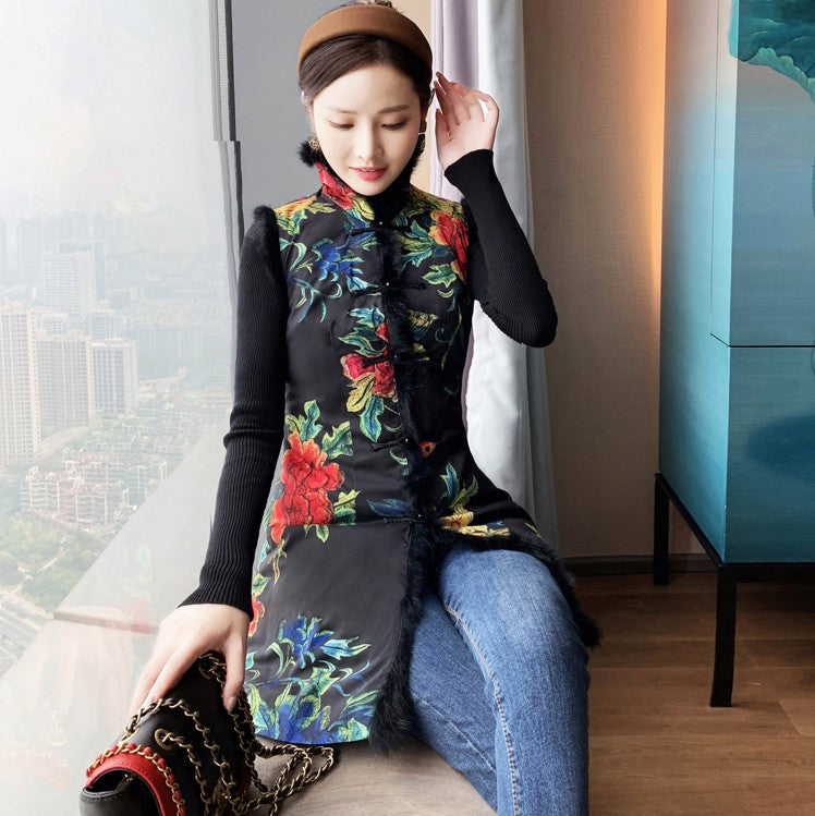 Fur Collar & Edge Floral Brocade Chinese Style Wadded Fur Collar & Edge Floral Brocade Chinese Style Wadded