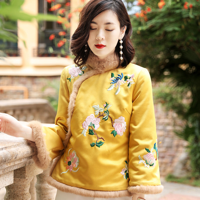 Floral Embroidery Chinese Style Silk Wadded Coat
