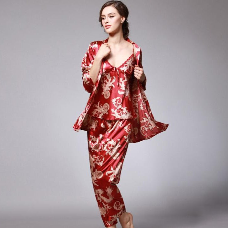 3-pieces Floral Silk Blend Loungewear Pajamas Bathrobe – IDREAMMART