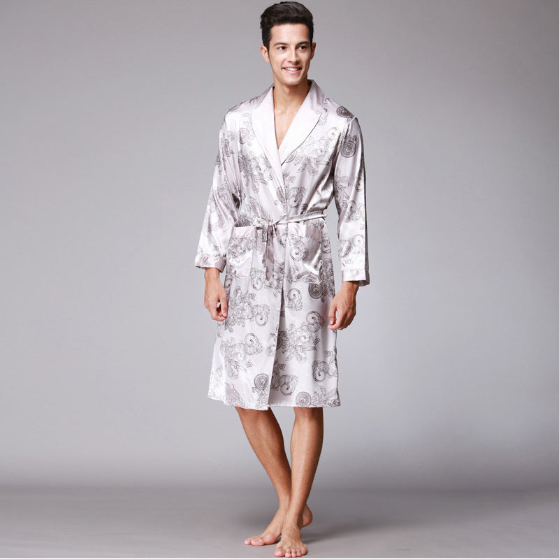 Dragon & Phoenix Pattern Silk Blend Loungewear Sleepwear Bathrobe