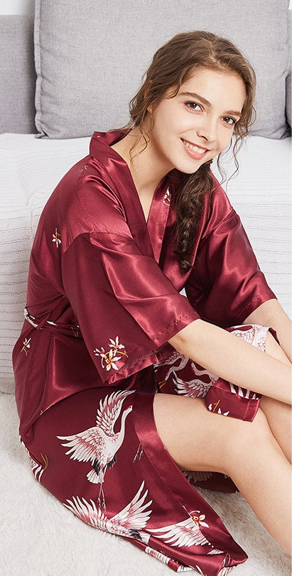 Half Sleeve Crane Pattern Silk Kimono Yukata Sleepwear