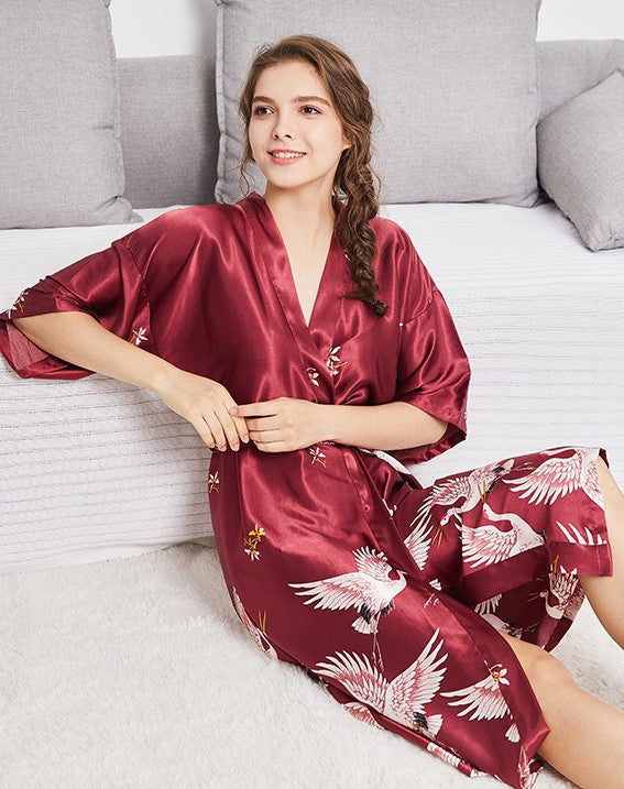 Half Sleeve Crane Pattern Silk Kimono Yukata Sleepwear