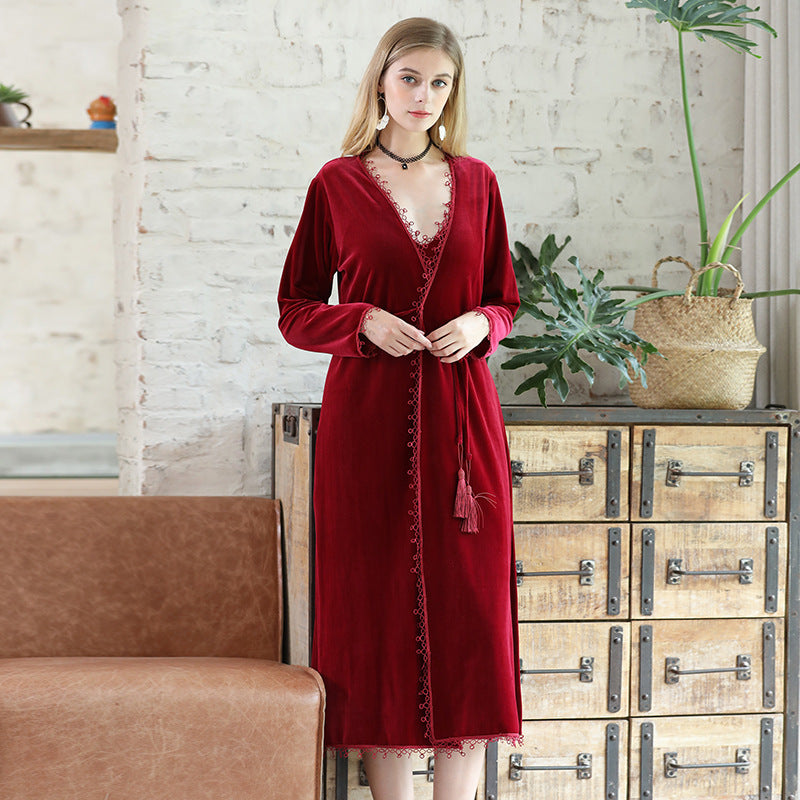 Warm Velvet Sleepwear Pyjamas with Floral Lace Edge – IDREAMMART