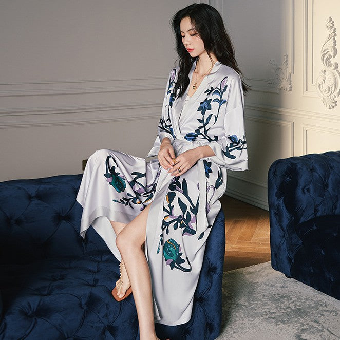 V Neck Full Length Floral Silk Sleepwear Pyjamas Morning Robe V Neck Full Length Floral Silk Sleepwear Pyjamas Morning Robe