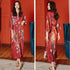 V Neck Full Length Peacock & Floral Silk Sleepwear Pyjamas Morning Robe