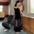 Full Length Velvet Slip Dress Sleepwear Pyjamas with See-through Lace Hemline