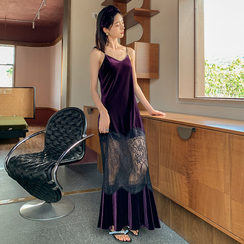 Full Length Velvet Slip Dress Sleepwear Pyjamas with See-through Lace IDREAMMART Full Length Velvet Slip Dress Sleepwear Pyjamas with See-through Lace IDREAMMART