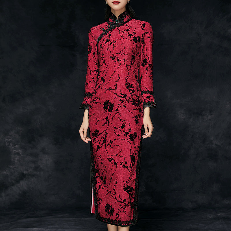 Tea Length Traditional Cheongsam Chinese Dress Full of Floral Lace
