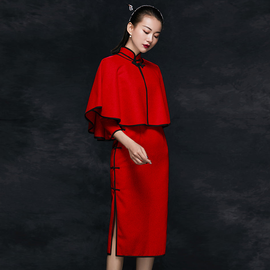 Wool Blend Traditional Cheongsam Chinese Evening Dress with Bolero Jac IDREAMMART Wool Blend Traditional Cheongsam Chinese Evening Dress with Bolero Jac IDREAMMART
