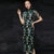 Floral Heavy Embroidery Illusion Sleeve Tea Length Cheongsam Chinese Dress