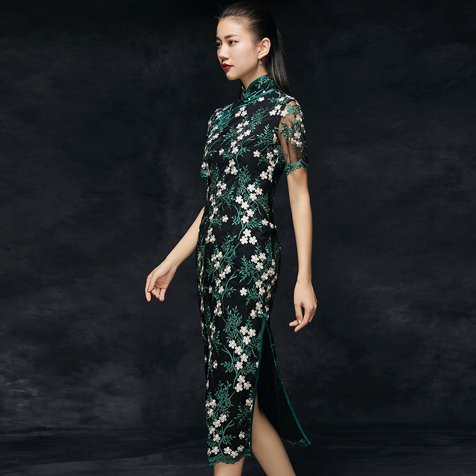 Floral Heavy Embroidery Illusion Sleeve Tea Length Cheongsam Chinese D IDREAMMART Floral Heavy Embroidery Illusion Sleeve Tea Length Cheongsam Chinese D IDREAMMART