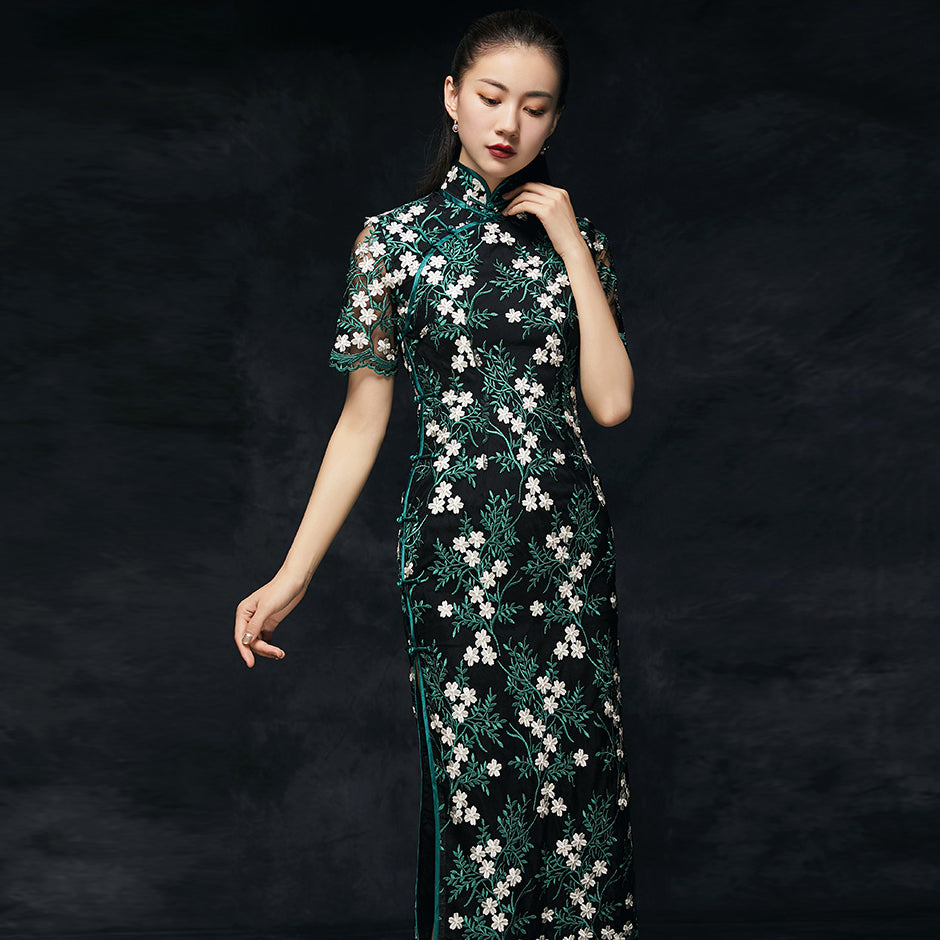Floral Heavy Embroidery Illusion Sleeve Tea Length Cheongsam Chinese D IDREAMMART Floral Heavy Embroidery Illusion Sleeve Tea Length Cheongsam Chinese D IDREAMMART
