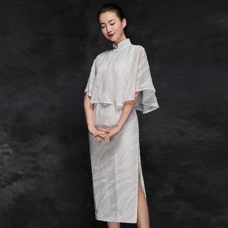 Sleeveless Tea Length Cheongsam Chinese Dress with Cape Shawl – IDREAMMART