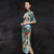 Half Sleeve Tea Length Floral Cheongsam Chinese Dress with Lace Edge