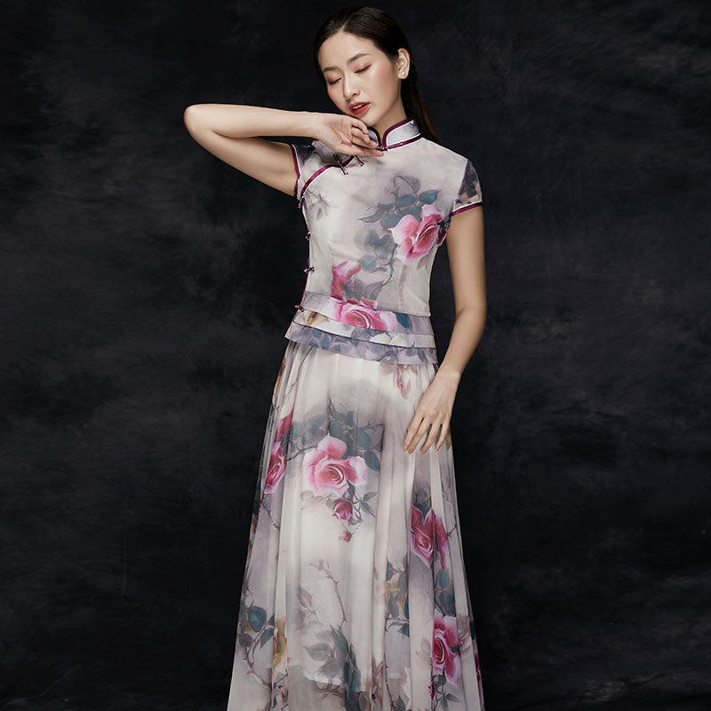 Cheongsam Top Ball Gown Skirt Chinese Style Floral Sun Dress