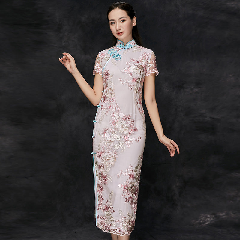 Floral Embroidery Illusion Sleeve Bodycon Cheongsam Chinese Dress IDREAMMART Floral Embroidery Illusion Sleeve Bodycon Cheongsam Chinese Dress IDREAMMART