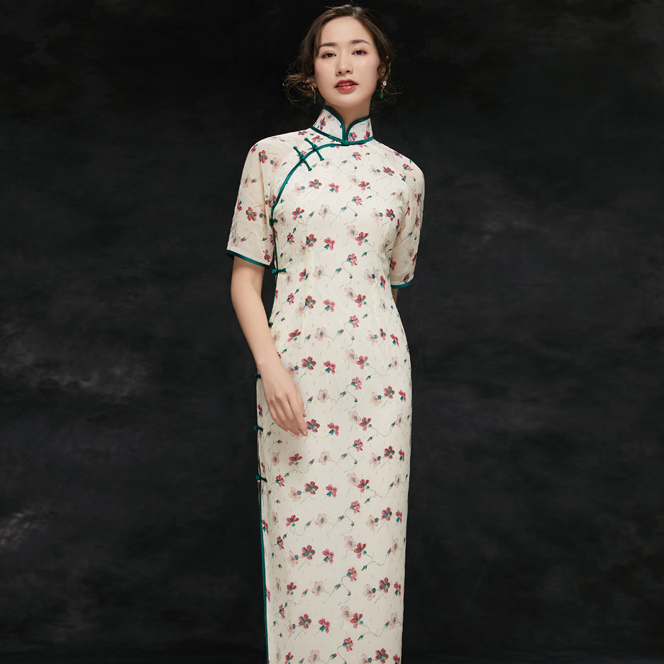Half Sleeve Tea Length Floral Cheongsam Bodycon Qipao Dress – IDREAMMART