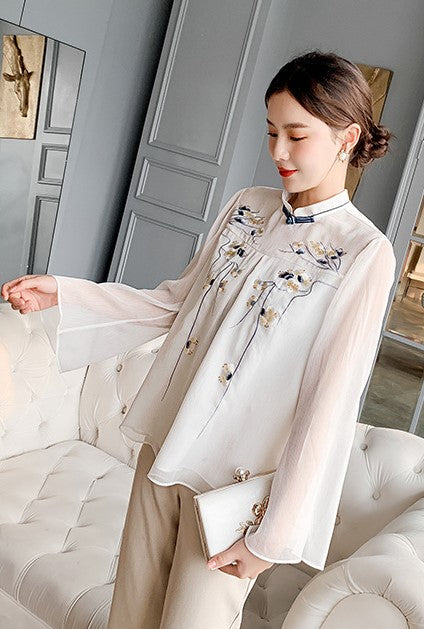 Floral Embroidery Illusion Neck & Sleeve Chinese Style Blouse