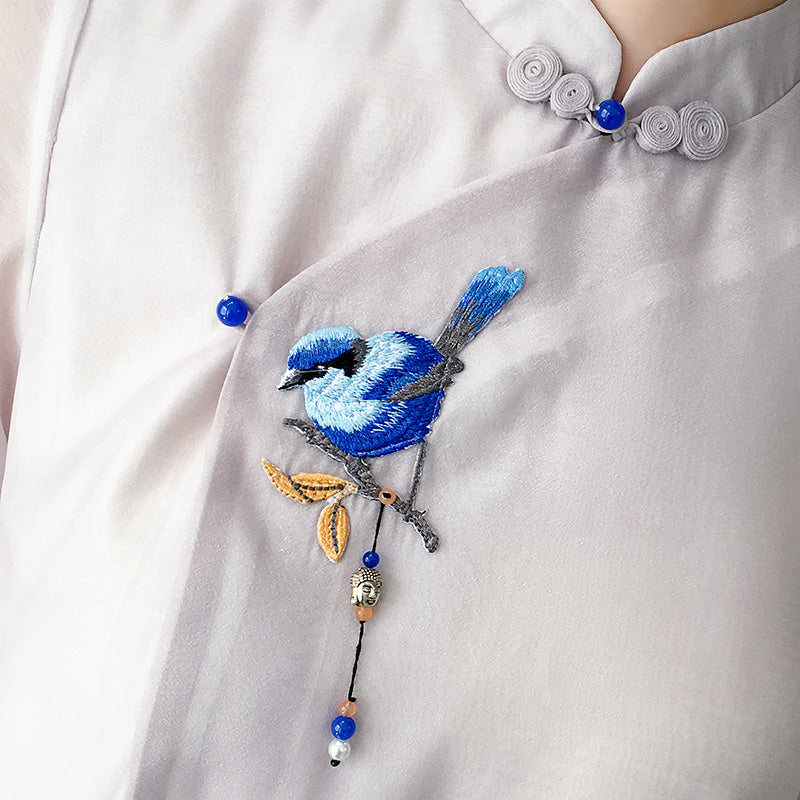 Bird Embroidery 3/4 Sleeve Mandarin Collar Chinese Blouse