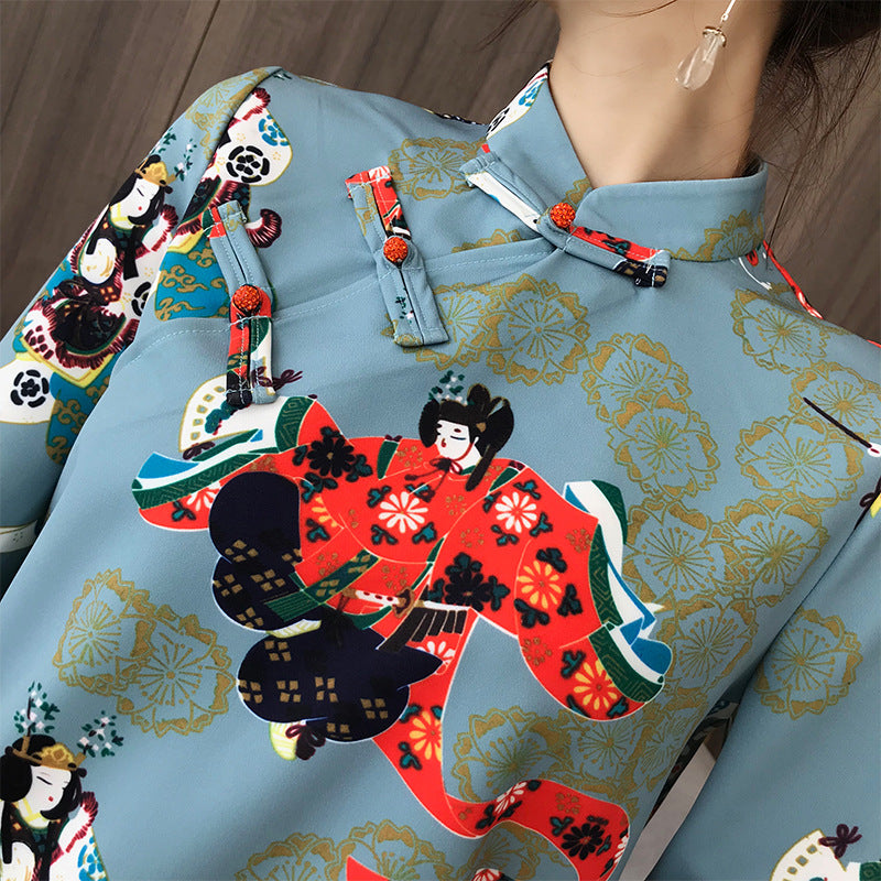 3/4 Sleeve Mandarin Collar Japanese Kimono Style Blouse