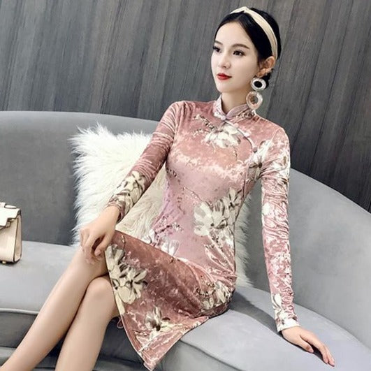 Long Sleeve Floral Velvet Modern Cheongsam Chinese Dress Pink / S Long Sleeve Floral Velvet Modern Cheongsam Chinese Dress Pink / S