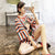 Girl Portrait & Stripes Pattern Kimono Sleeve Chinese Blouse