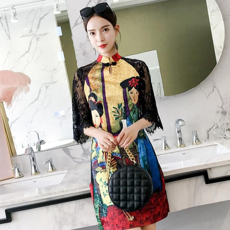Floral Lace Sleeve Mandarin Collar Retro Cheongsam Chinese Dress