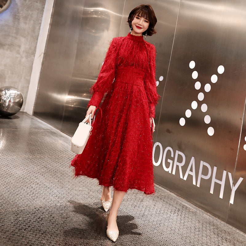 long sleeve dress for new years Elegant Vintage Pleated Women Perfect for Autu Canary Houze Stretch Spring/Fall Women Clothing Long Sleeve Designer Dresses |