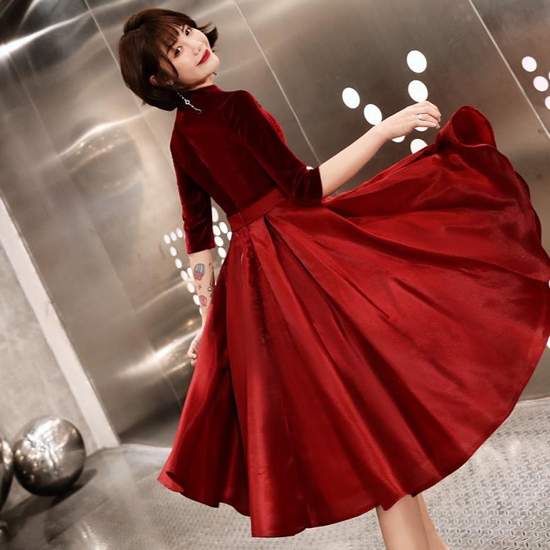V Neck Velvet Top Pleated Skirt Chinese Dress Burgundy / Full Length / S V Neck Velvet Top Pleated Skirt Chinese Dress Burgundy / Full Length / S