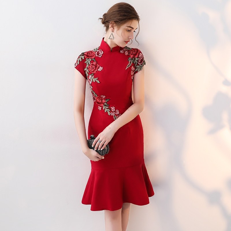 Floral Embroidery Cheongsam Top Ruffle Skirt Chinese Wedding Party Dress