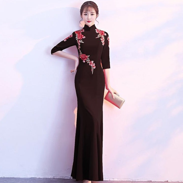 Half Sleeve Cheongsam Top Mermaid Chinese Dress Evening Gown
