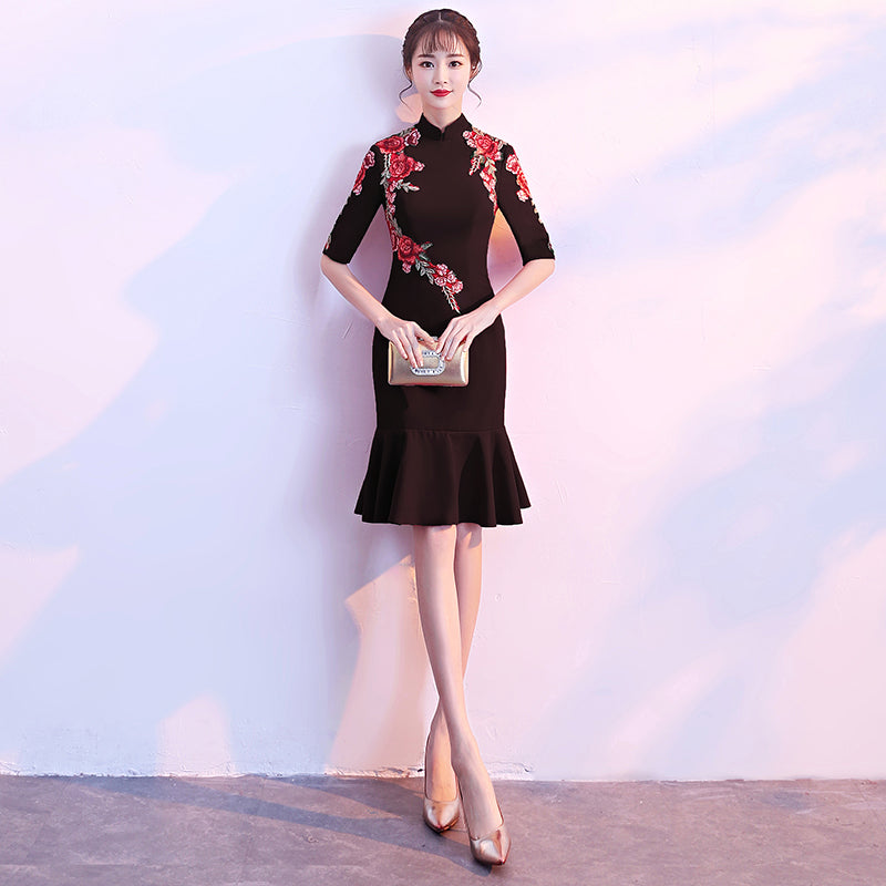 Cheongsam Top Half Sleeve Ruffle Skirt Chinese Wedding Party Dress