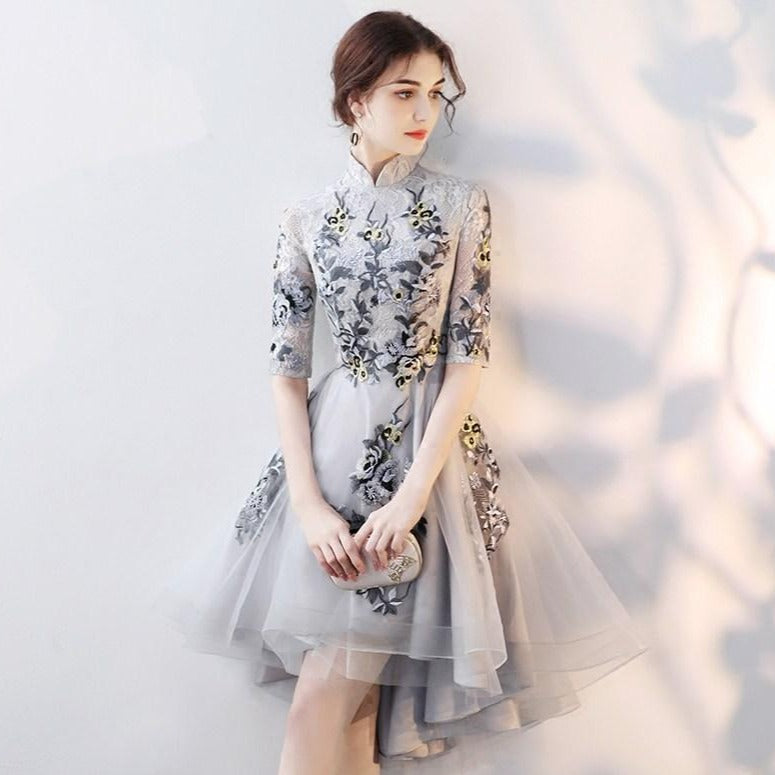 asian embroidered dress Phoenix & Floral Embroidery Long Sleeve Cheongsam Top Chinese Prom Dress Burgundy / 5XL