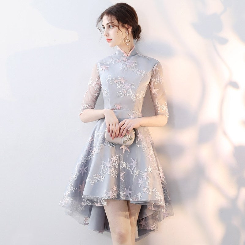 Stars Embroidery Cheongsam Top Illusion Sleeve Knee Length Dovetail Dress
